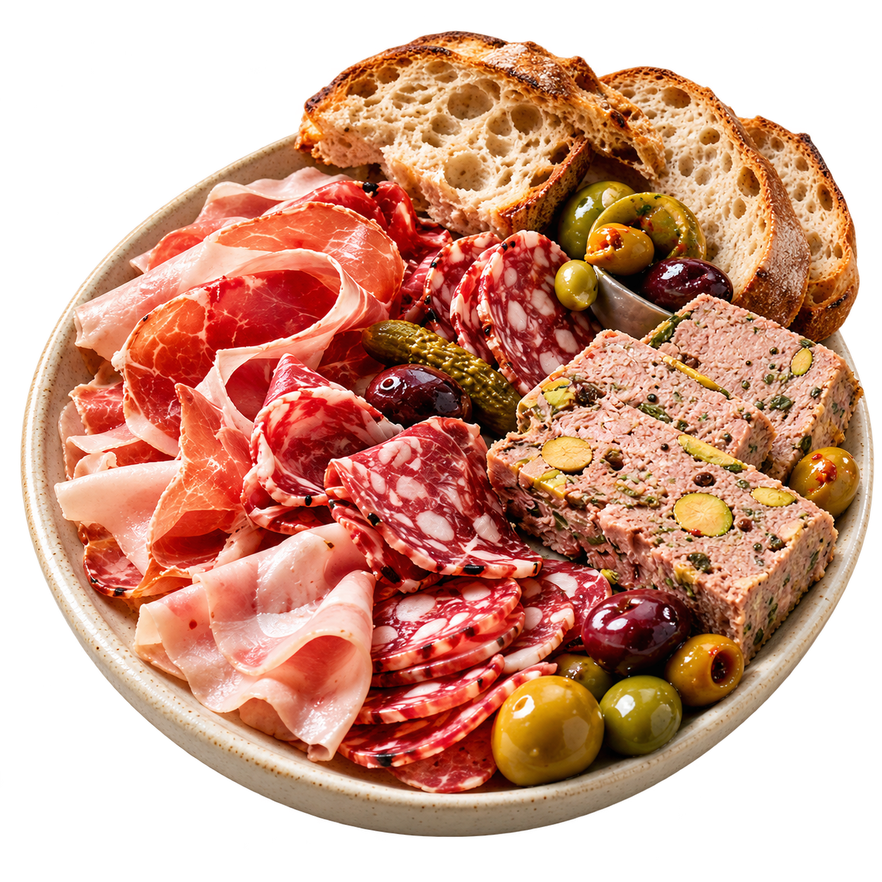Assiette de charcuterie : jambon, saucisson, terrine, olives et pain.